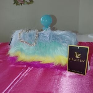 CALEESA Pastel Rainbow Faux Fur Crossbody Bag with Gold Chain
